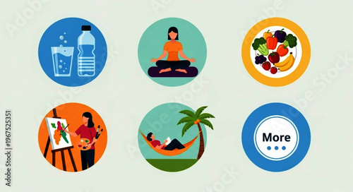Vector illustration of wellness concepts including hydration, meditation, healthy eating, creativity, and relaxation.