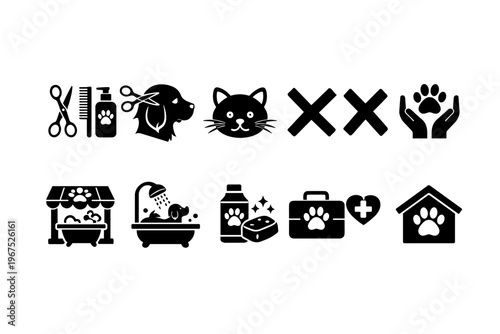 Collection of pet care and veterinary service icons in black and white