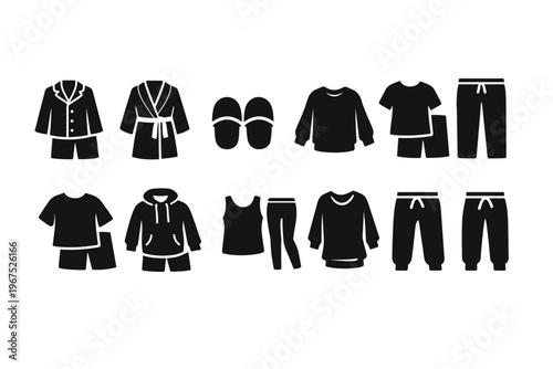 Collection of black icons representing various sleepwear and loungewear items