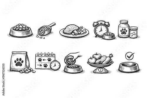 Collection of hand-drawn icons representing pet food, feeding schedules, and healthy pet nutrition
