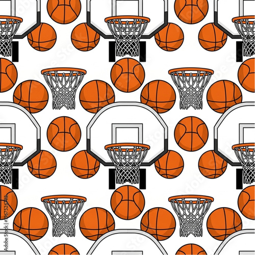 Basketballs and Hoops Pattern on White Background.
