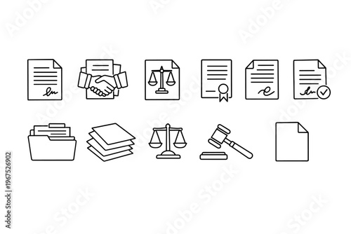 Legal and business document icons representing contracts, justice, and agreements