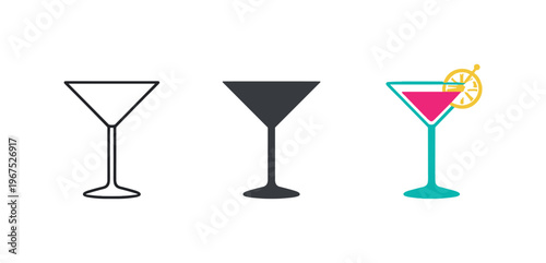 Minimalist Cocktail Icons. Within seaside relaxation environment context identical cocktail glass icons appear arranged left to