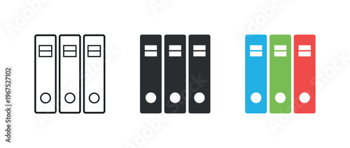 Within archival management workflow context identical document binder icons appear arranged left to right with consistent spine