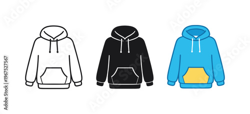 Within urban streetwear context identical hooded sweatshirt icons appear arranged left to right with consistent drawstring