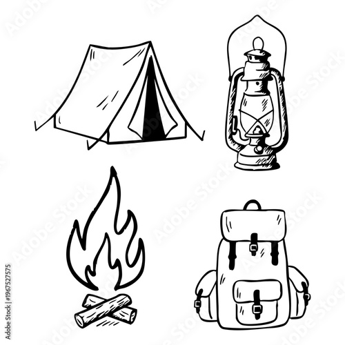 Hand-Drawn Camping Icons Set: Tent, Lantern, Campfire and Backpack Black And White Illustration. Ai Generated Vector