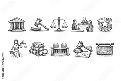 Collection of hand-drawn legal and justice icons representing court and law concepts