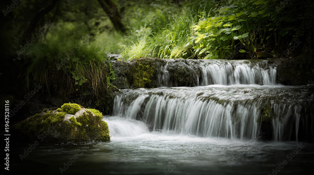 Obraz premium Small Waterfall Cascading Through Lush Green Forest