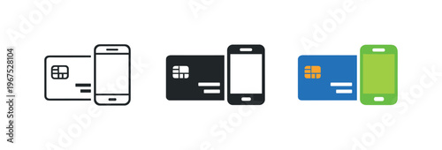 Simplified Fintech Icons. Within fintech transaction ecosystem context identical credit card with mobile screen icons appear