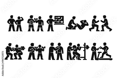 Diverse fitness icons illustrating personal training and gym activities