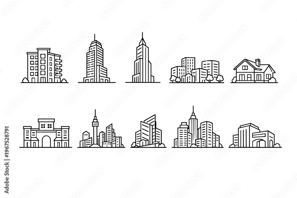 Obraz premium Simple line art illustrations of various urban buildings and architecture