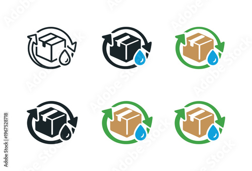 Emblem conveying sustainable disposal initiatives through a stylized package outline merged with renewal arrows and a small water