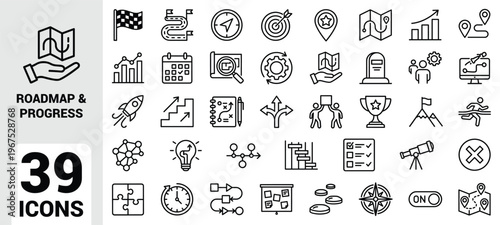 Minimalist roadmap and progress line icon set featuring compass, map, location pin, target, rocket, telescope, calendar, gears, checklist, handshake, mountain flag, trophy, and achievement symbols