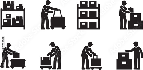 Vector illustrations depicting various warehouse workers managing inventory, moving boxes, and organizing shelves for efficient logistics and supply chain operations
