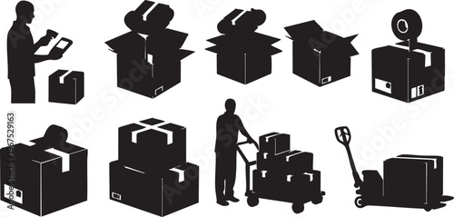 Collection of vector silhouettes depicting essential shipping and logistics operations, including package handling, warehouse activities, and freight movement by personnel