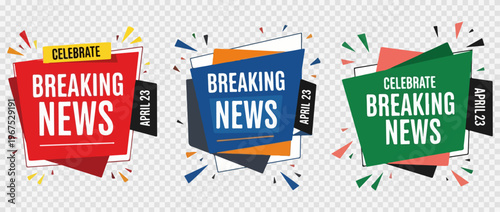 Breaking news banner set with celebrate text and April 23 date, colorful geometric announcement labels, modern broadcast media vector elements