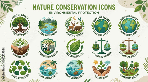Environmental protection icons for nature conservation and eco friendly practices