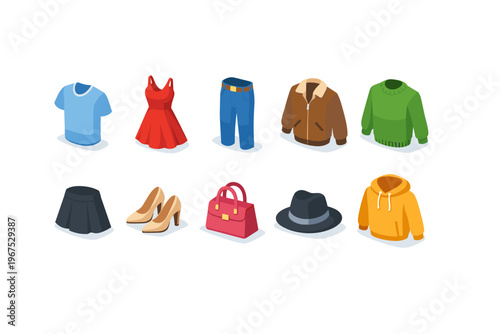 Collection of diverse fashion items and accessories displayed in isometric view