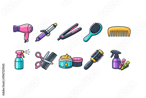 Collection of colorful cartoon hair styling tools and accessories for beauty salons