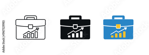 Stakeholder communication concept illustrated by matching briefcase with upward graph icons aligned horizontally with identical
