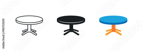 Team synergy concept illustrated by matching round conference table icons aligned horizontally with identical circular tabletop