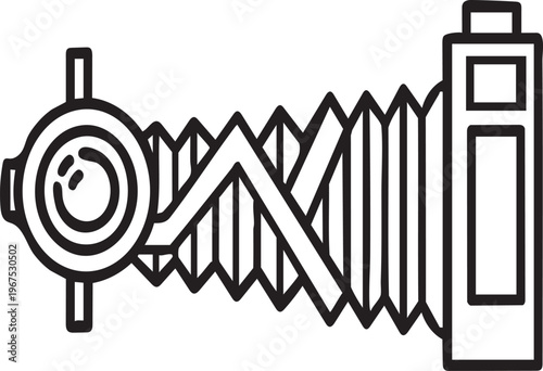 A black and white line art illustration of a vintage bellows camera, featuring its distinctive accordion-like extension and lens, viewed from the side.