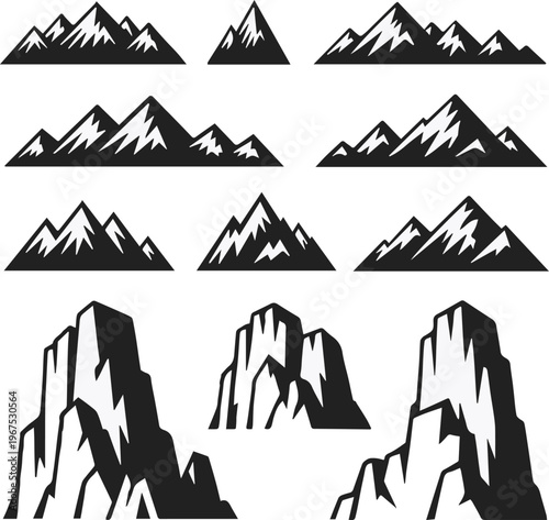 mountain vector set black white mountain and rock formation silhouette