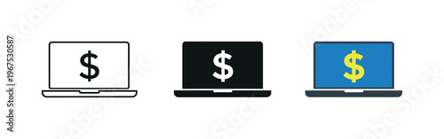 Laptops with Dollar Icons. Within financial technology ecosystem context identical laptop with dollar symbol icons appear arranged