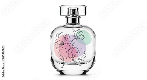 Elegant Clear Glass Perfume Bottle with Floral Line Art and Pastel Watercolor Circles, Isolated on White Background