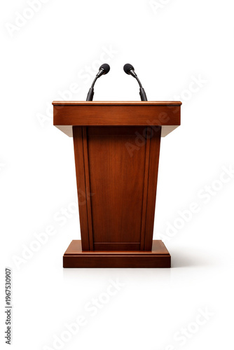 ultra realistic luxury wooden podium with dual microphones isolated on clean white background, polished wood texture, elegant professional business object, centered composition, soft studio lighting, 