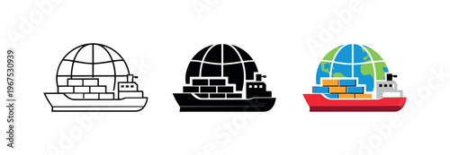 International commerce concept illustrated by matching cargo ship with globe icons aligned horizontally with identical vessel