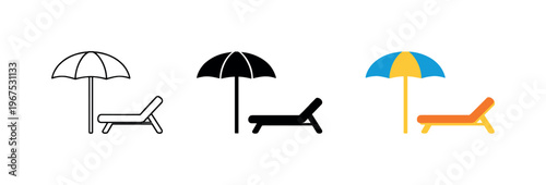 Luxury getaway concept illustrated by matching beach umbrella with lounge chair icons aligned horizontally with identical canopy