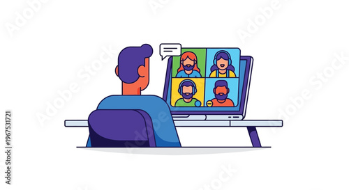 Man participating in a virtual meeting with multiple people on his computer screen