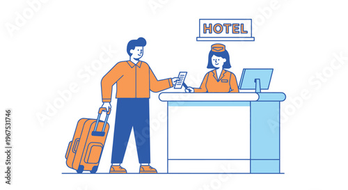 Man checking in at hotel reception with suitcase and flight ticket