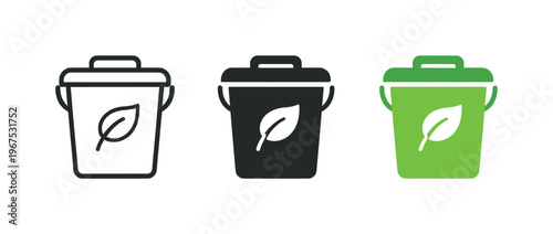 Within environmental cleanup initiative context identical compost container icons appear arranged left to right with consistent