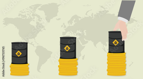 Rising oil prices concept with barrel, upward arrow and growing coin stacks global energy inflation illustration	