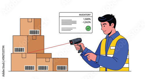 Warehouse worker scanning boxes with a barcode scanner and inventory report on screen