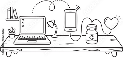 Desk setup with laptop phone medicine and heart icon connected