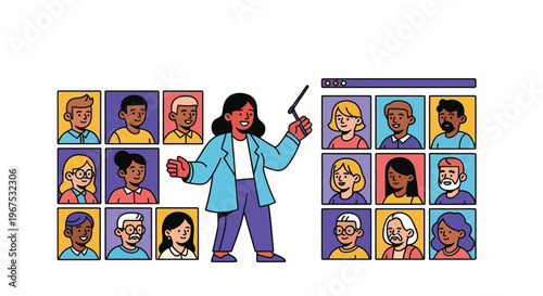 Vector illustration of a woman presenting to a diverse group of people online