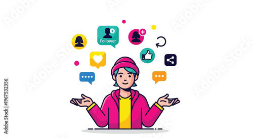 Colorful illustration of a person surrounded by social media icons and symbols