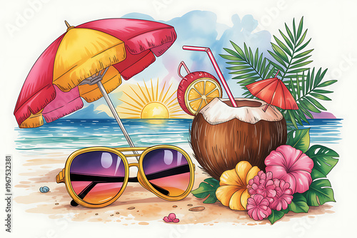 A serene beach scene at sunset featuring sunglasses, umbrella, coconut drink, flowers, and palm leaves on the shore.