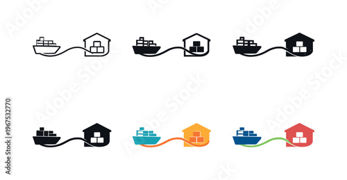 Visual metaphor depicting cargo delivery cycle as a ship silhouette connected to a warehouse outline by a continuous pathway