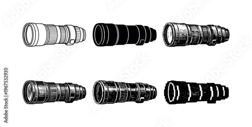 Telephoto camera lens long zoom optic used to photograph distant subjects with detailed clarity | Create ONE image containing