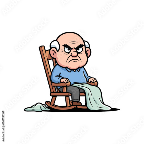 Angry elderly man sitting in rocking chair with blanket on floor  