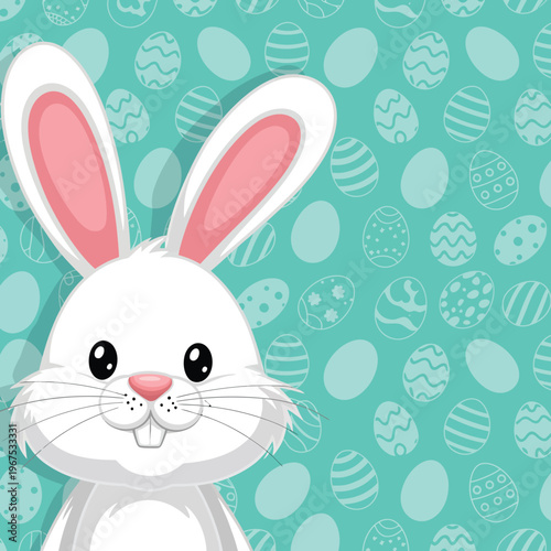 White Easter Bunny Smiling on Teal Background with Patterned Eggs Cartoon Illustration