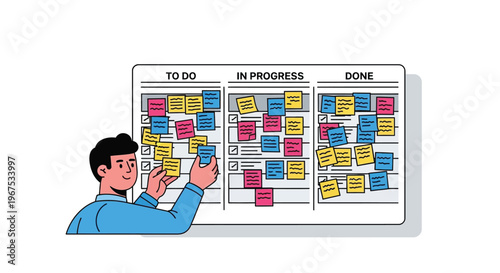 Man using kanban board with colorful sticky notes for task management and organization