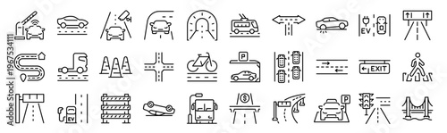 Modern road and navigation icon set including maps, GPS, traffic, driving, logistics and transport services. Clean outline vector icons for apps, navigation systems and UI design.