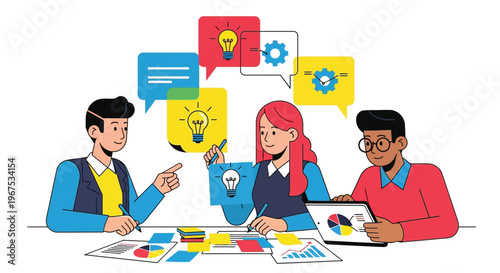 Business team brainstorming and discussing ideas with charts and graphs on a table