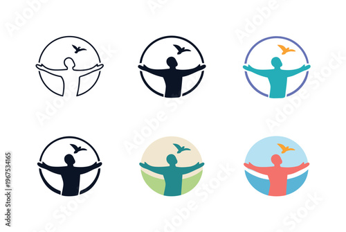 Symbol representing a sense of inner liberation and emotional balance, combining a human silhouette with open arms, a subtle bird