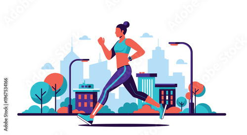 Woman jogging through city streets in a vibrant urban environment with buildings and trees